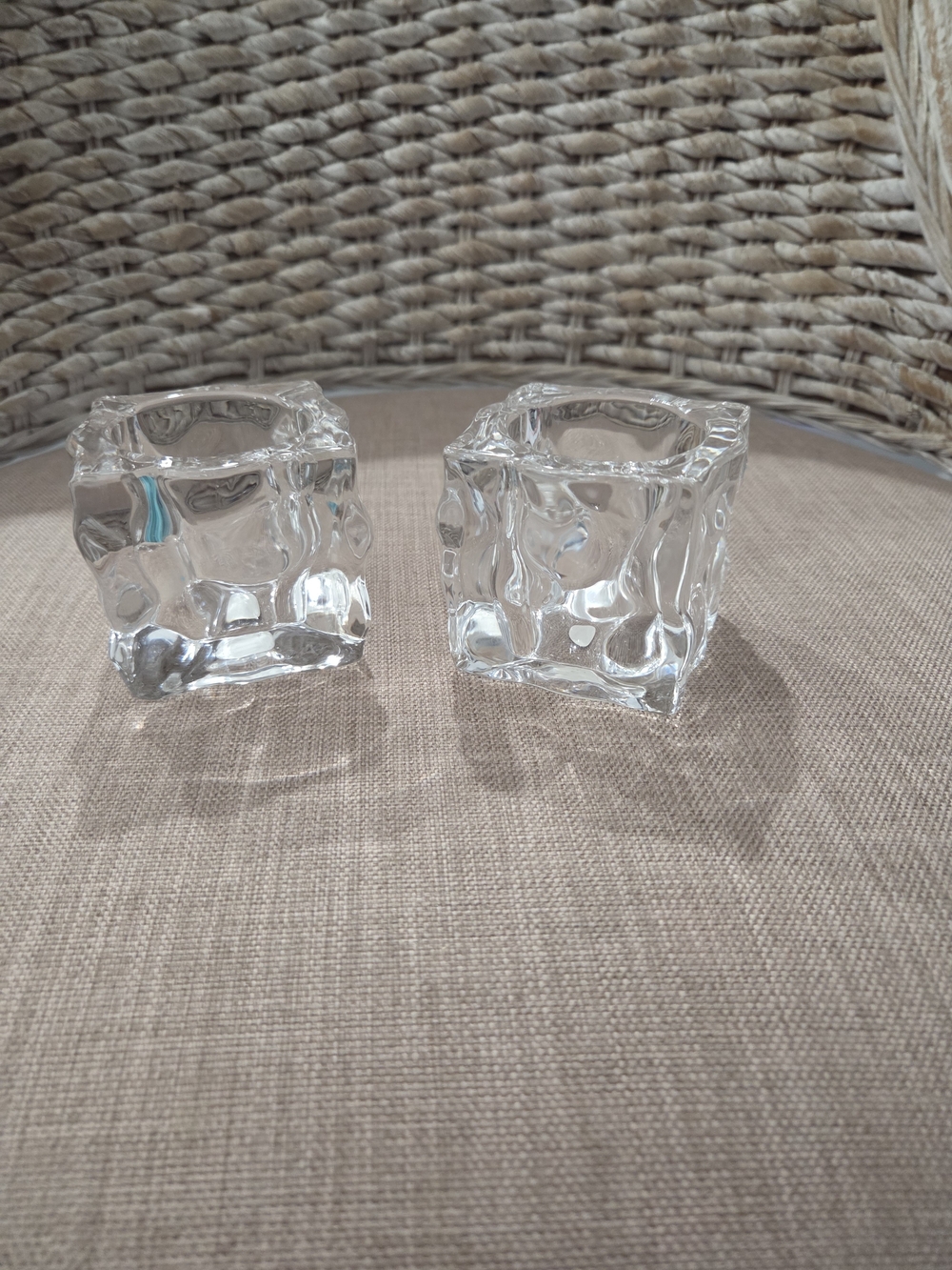 Vtg Party Lite Glacier Molded Clear Glass Cube Candle Holders - Set of 2